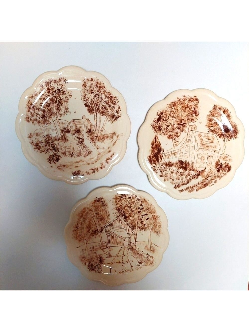 Vintage* Lilja 3-Piece Hand-painted Scalloped Plate Set. Numbered.